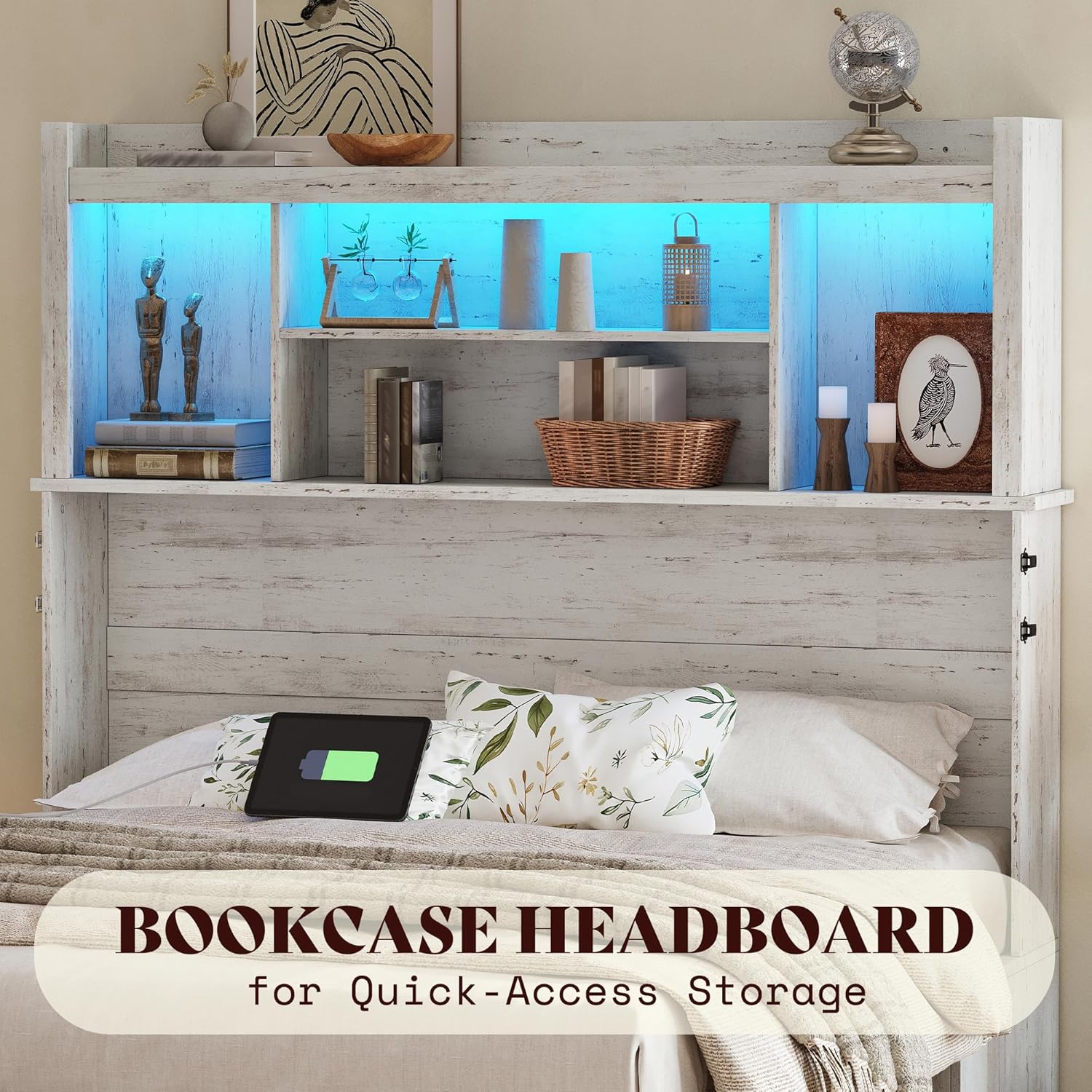AMERLIFE Queen Murphy Bed with Bookcase Headboard & LED Light, Farmhouse Cabinet Bed with Storage Drawer, Charging Station and Desk for Home Office/Guest Room/Small Spaces, White | Bookcase Headboard, LED Light, Storage Drawer, Charging Station, Desk, Farmhouse Cabinet