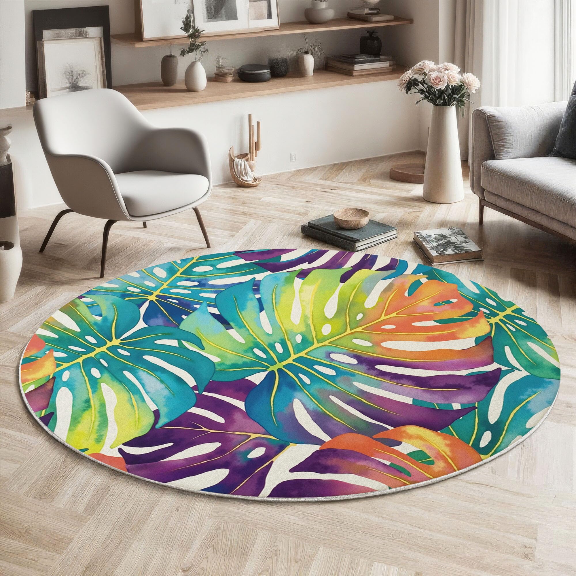 Tapis rond enfant antidérapant 180 cm lavable à poils courts doux monstera bleu