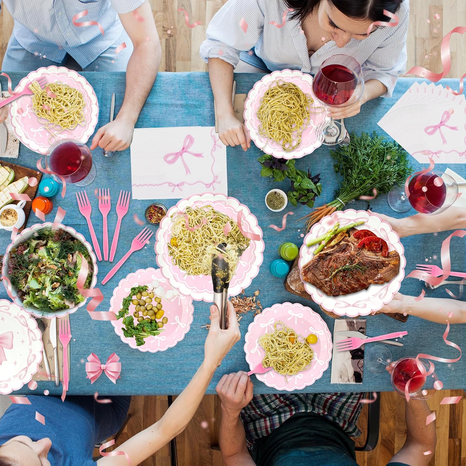 CANREVEL 96 PCS Bow Party Plates Serve 24, Bow Plates and Napkins Forks Set, Disposable Tableware for Birthday Supplies Party Decorations for Grils Kids Women - Image 7