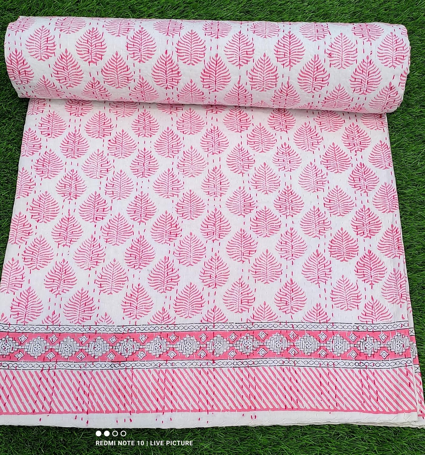Boho Cotton Quilt with Pink Leaf Block Design Soft Kantha Stitch Blanket for Modern Bedroom Decor (White Base with Pink Leaf Print, King (108X108), Hand Block Pink Leaf Motif)