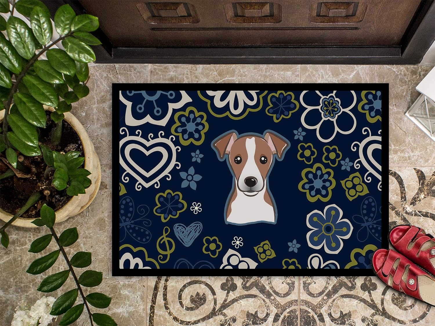 Caroline's Treasures BB5111MAT Blue Flowers Jack Russell Terrier Doormat 18x27 Front Door Mat Indoor Outdoor Rugs for Entryway, Non Slip Washable Low Pile, 18H X 27W
