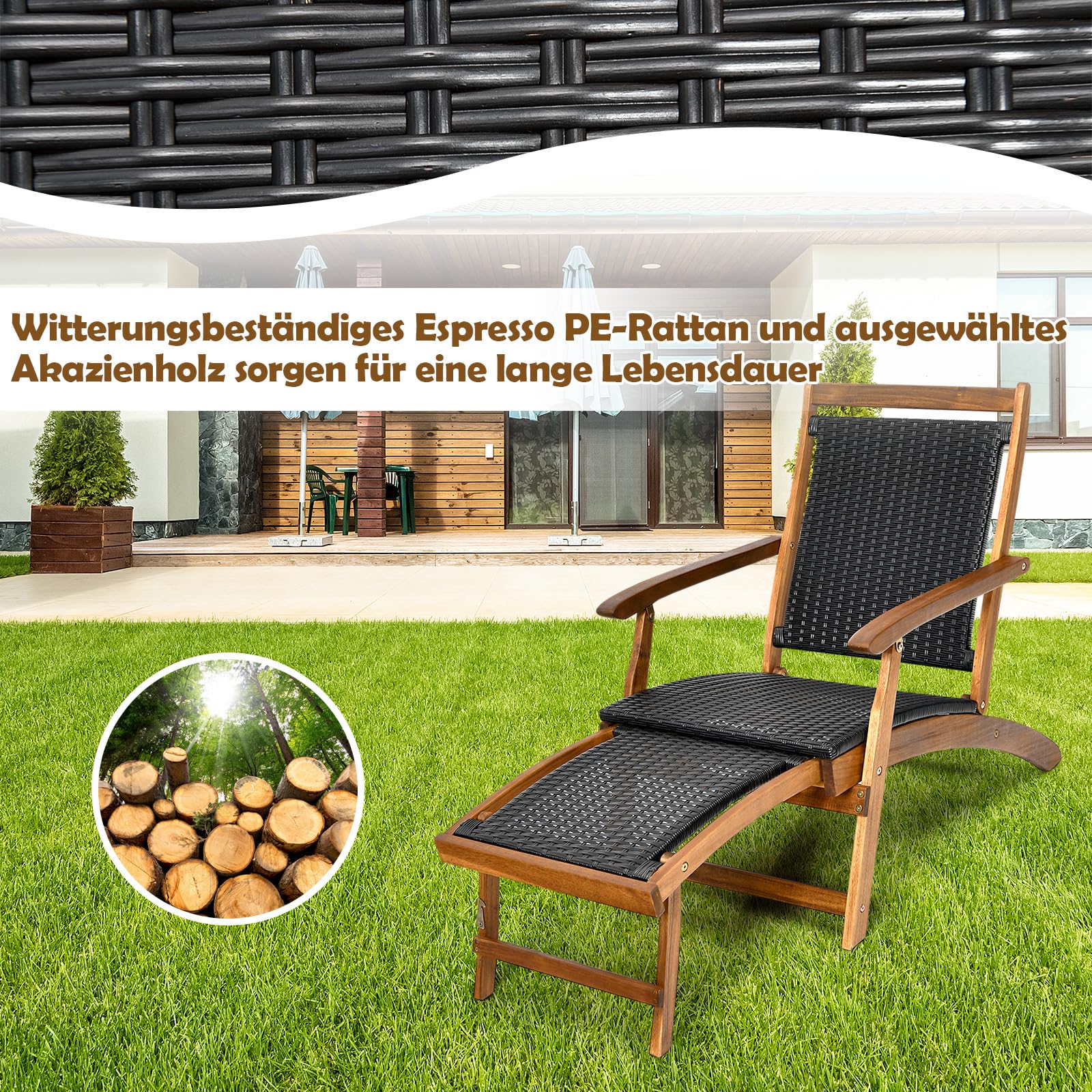 COSTWAY Sonnenliege klappbar, Gartenliege mit ausziehbarer Fußteil, wetterfester Liegestuhl aus Polyrattan und Akazienholz, Relaxliege bis 160 kg belastbar, für Balkon, Garten, Terrasse