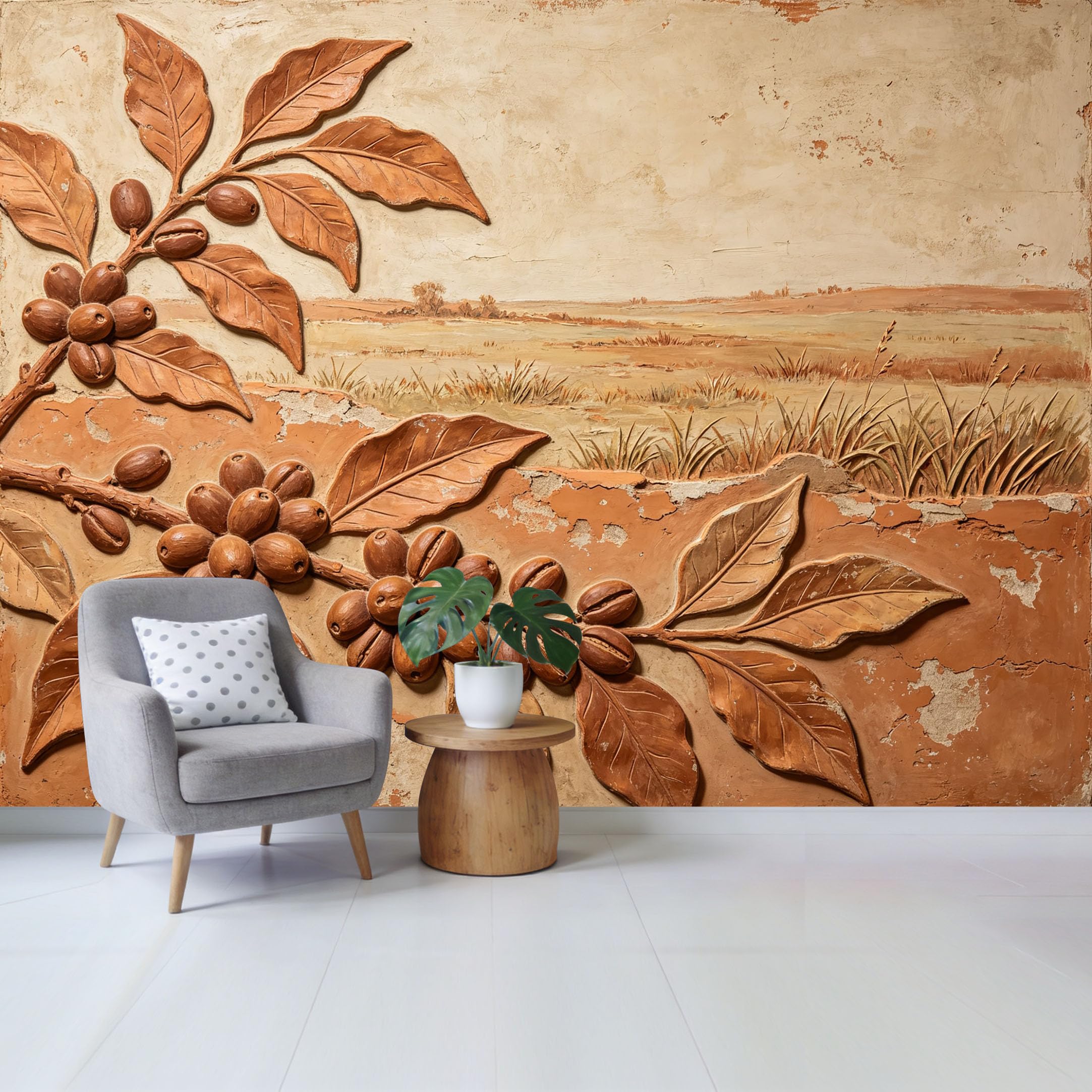 Qzlithotic Yq2605251201 Custom Size Wall Mural Coffee Bean Branch Textured Farmhouse Relief 3D Effect Selfadhesive Wall Fabric Removable Wallpaper For Home Office Decor