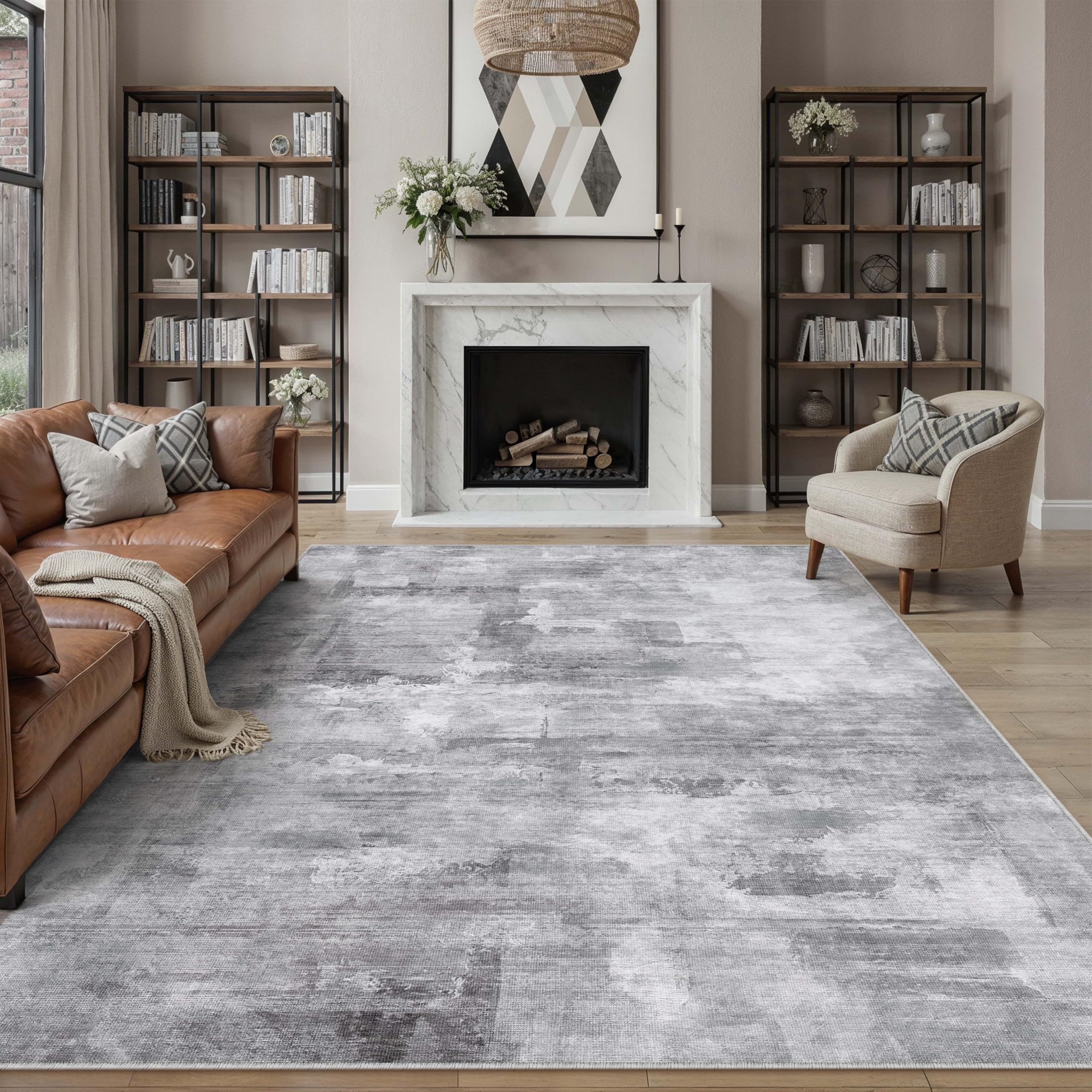 PureCozy Rugs Living Room Rug 200x300cm Grey Washable Non Slip Abstract Natural Neutral Modern Large Carpet Bedroom Lounge Bedside Kitchen Hall Low Pile Carpets โ image 1