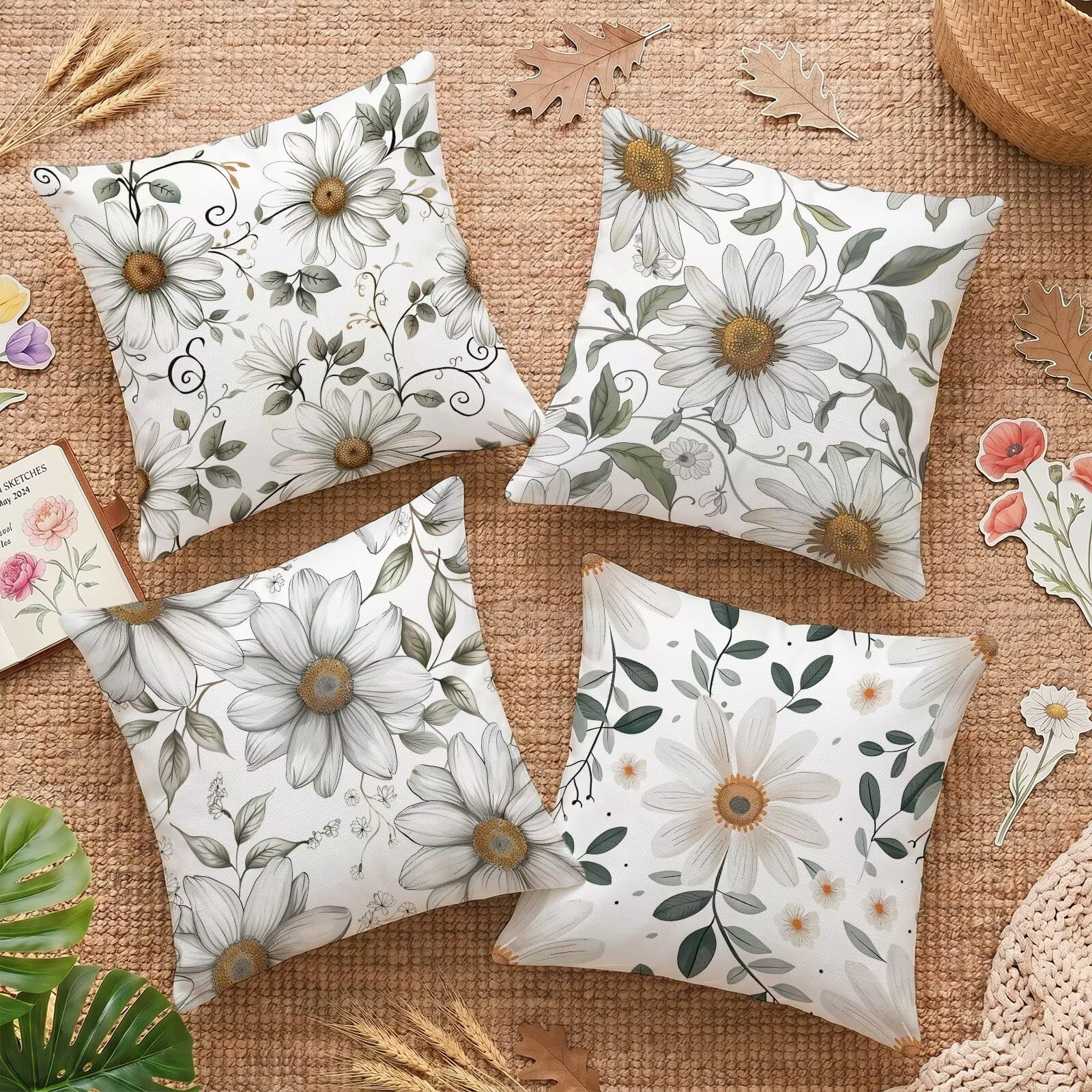 Housse de coussin 65x65 cm lot de 4 en lin blanc fleur double face imperméable pour canapé