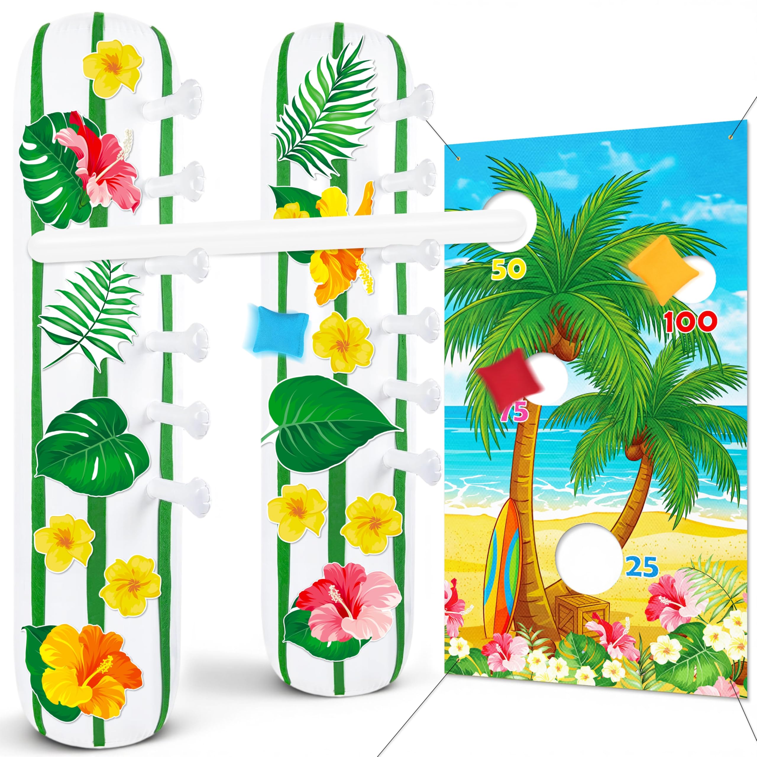 2 Sets Hawaiian Luau Party Decorations – Inflatable Limbo Games, Bean Bag Toss Banner Set for Birthday, Beach Pool Supplies, Summer Fun Activities,