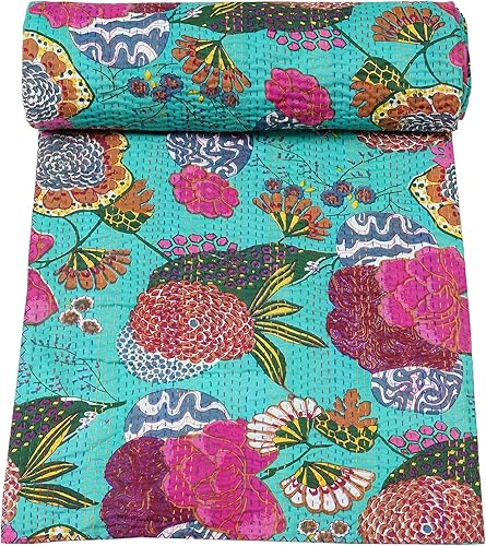 Marubhumi Colcha Kantha reversible de algodón puro cosido a mano con estampado de frutas indias, edredón Kantha reversible (C verde, Queen (90 x 108