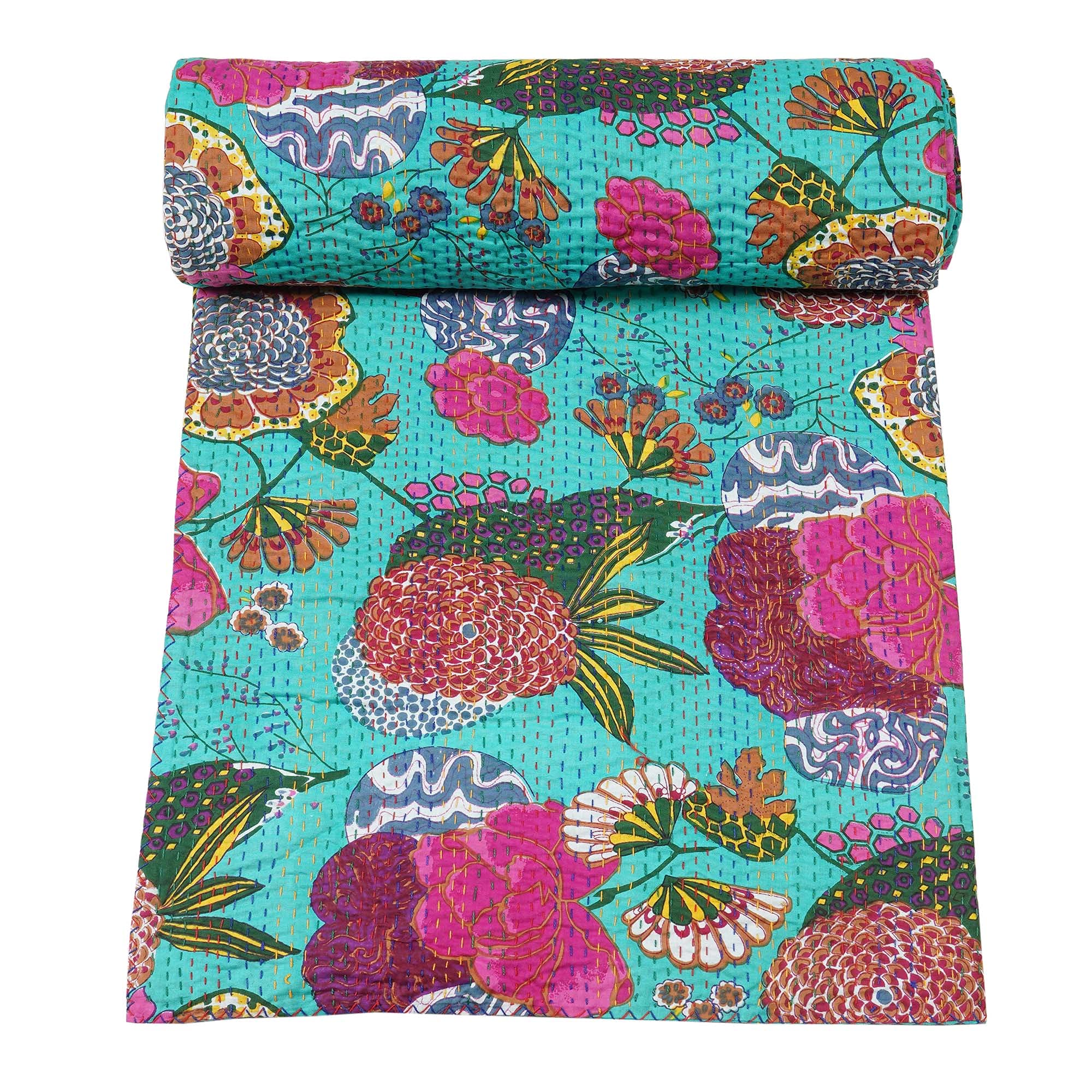 Marubhumi Indian Handmade Stitched Pure Cotton Fruit Print Kantha Quilt, Reversible Kantha Quilt (C Green, Queen (90"x 108"))