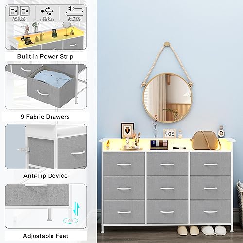 Miniatura 5 de EXOTICA - Cómoda gris con luz LED para dormitorio, cómoda con 9 cajones y estación de carga, cómodas y cómodas para entrada, armario, habitación de