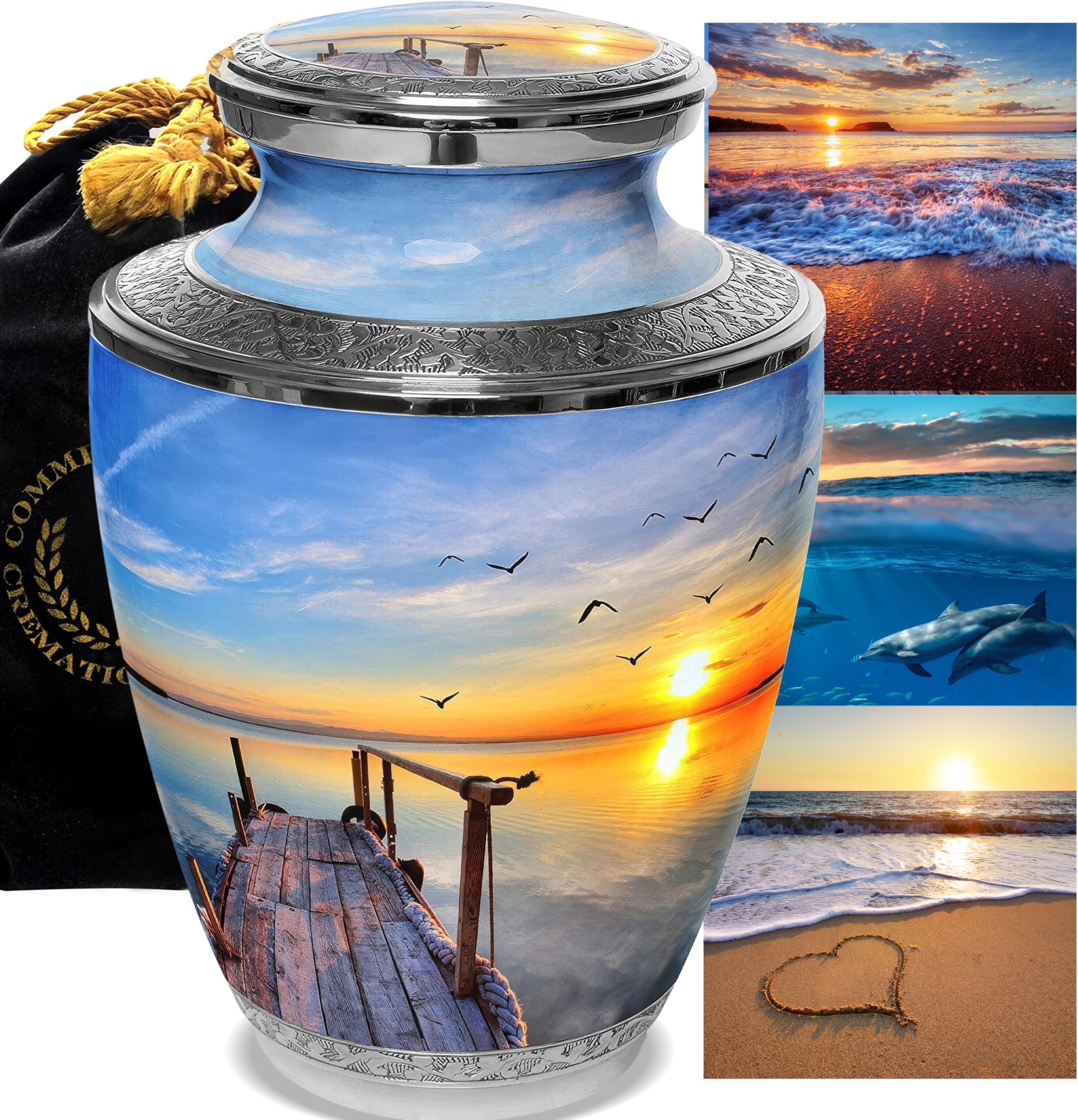 Dock of the Bay Sunset Beach Cremation Urn for Adult Ashes, Cremation Jar, Cremation Urns, Jarat Harq Aljutha (Large/Adult, Dock of the Bay)