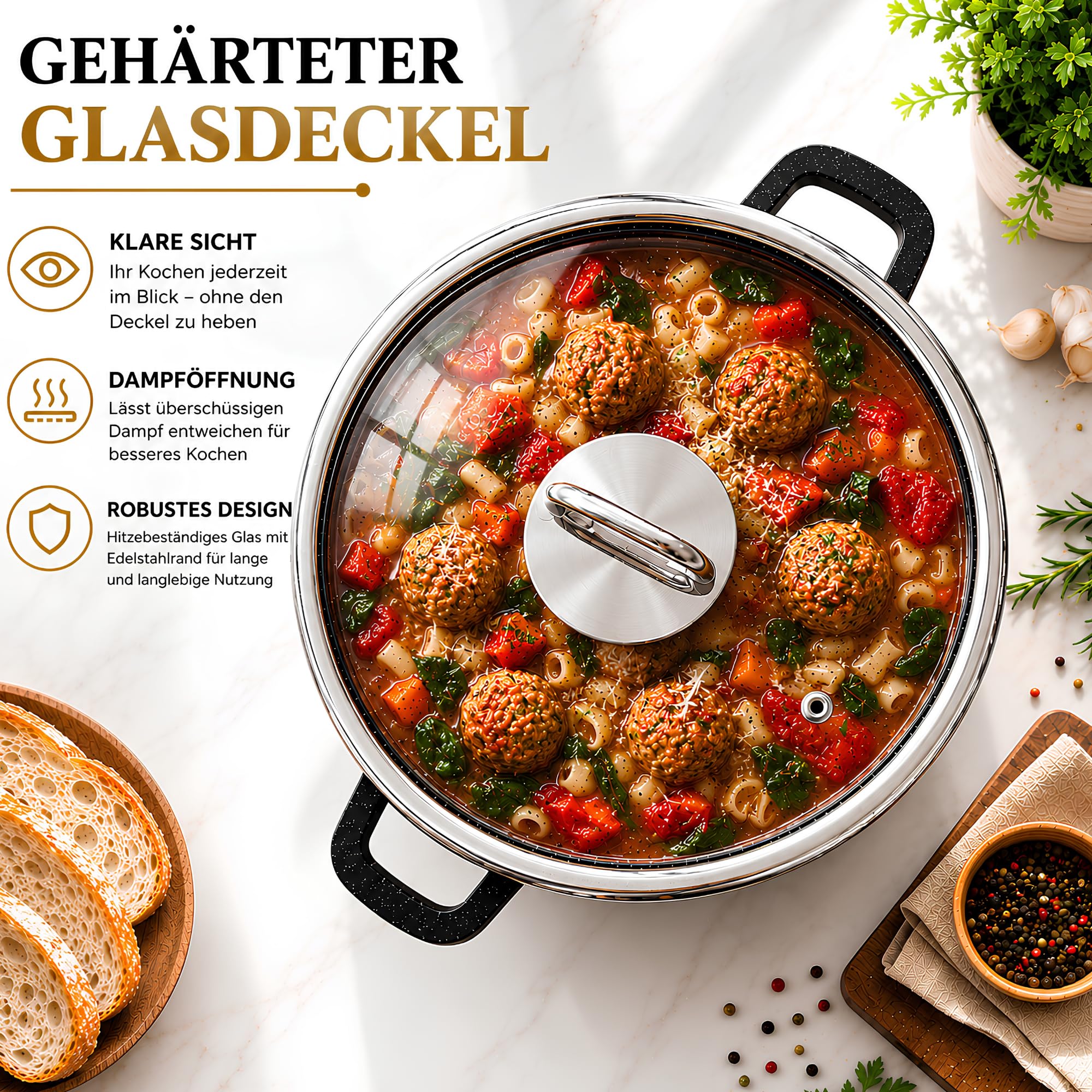 GOLDMANN Kochtopf Aluguss/Suppentopf, 28 cm, 10L, antihaftbeschichtete Keramik in Marmoroptik, Glasdeckel, geeignet für Induktion und alle Herdarten, ofenfest und PFOA-frei