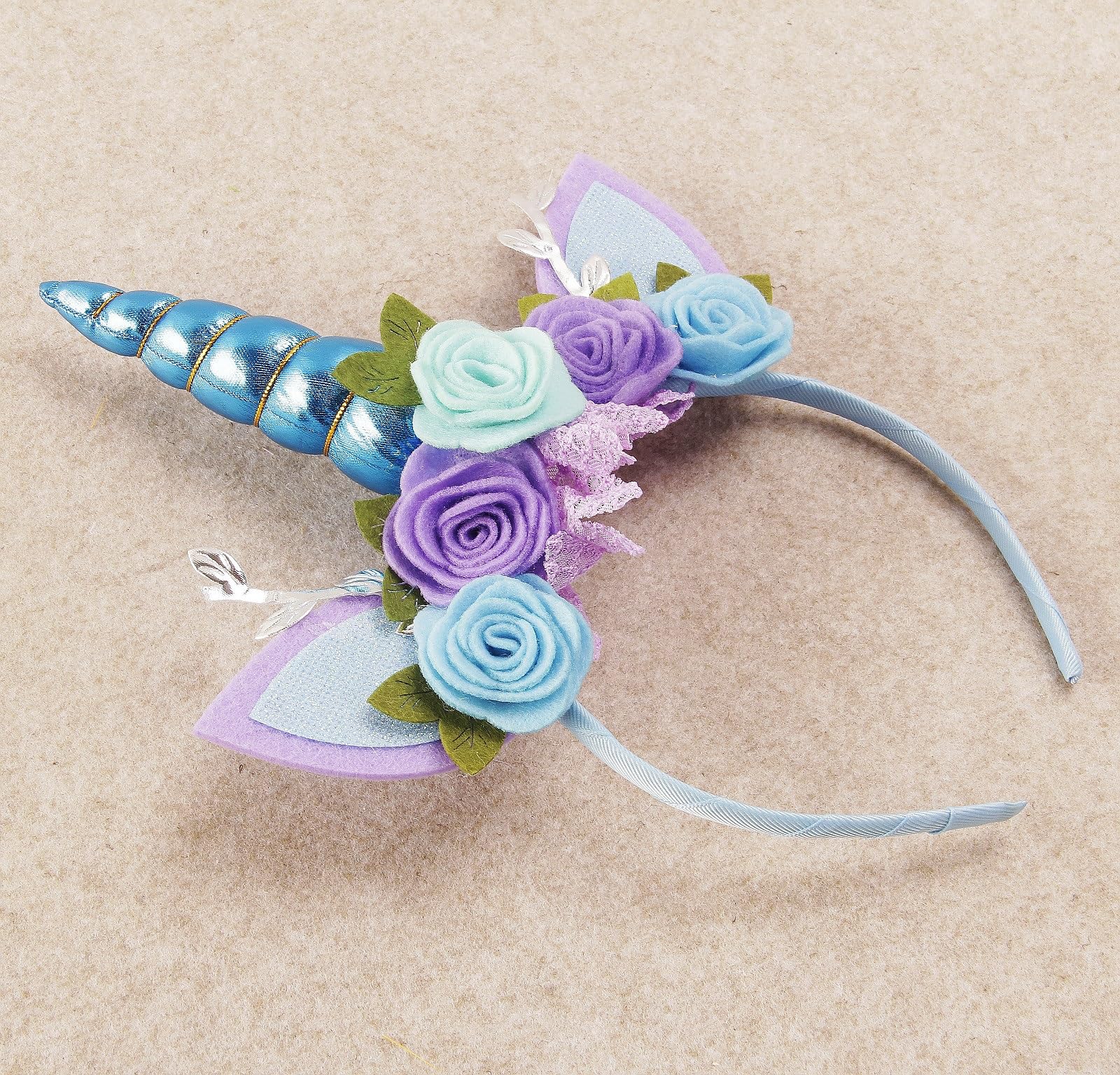 Nishine Unicorn Headband Nonwoven Flowers Cat Ears Pony Head Bands Tiara Glitter Horn for Cosplay Unicorn Party Supplies (Blue) - Image 4