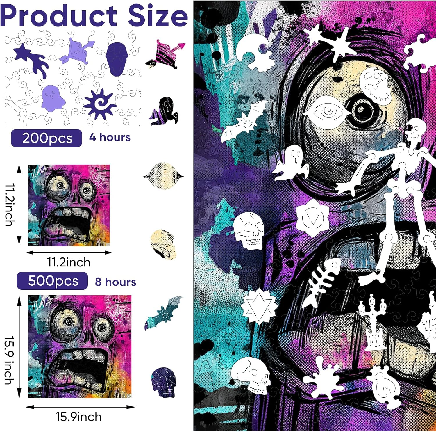 Ruikiyart Wooden Puzzles for Adults,5MM 200 Pieces Funny Scared Expression Wooden Jigsaw Puzzles, Unique Shaped Birthday Puzzle Gifts for Kids (11.2''x 11.2'')