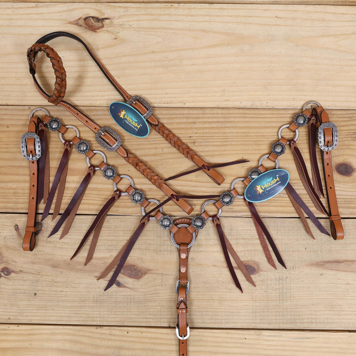 Western Leather Headstall and Breast Collar Tack Set – 6/8 SS Ring Breast Collar with Cherry Strings & Congress Conchos – Braided One Ear Headstall – Handcrafted