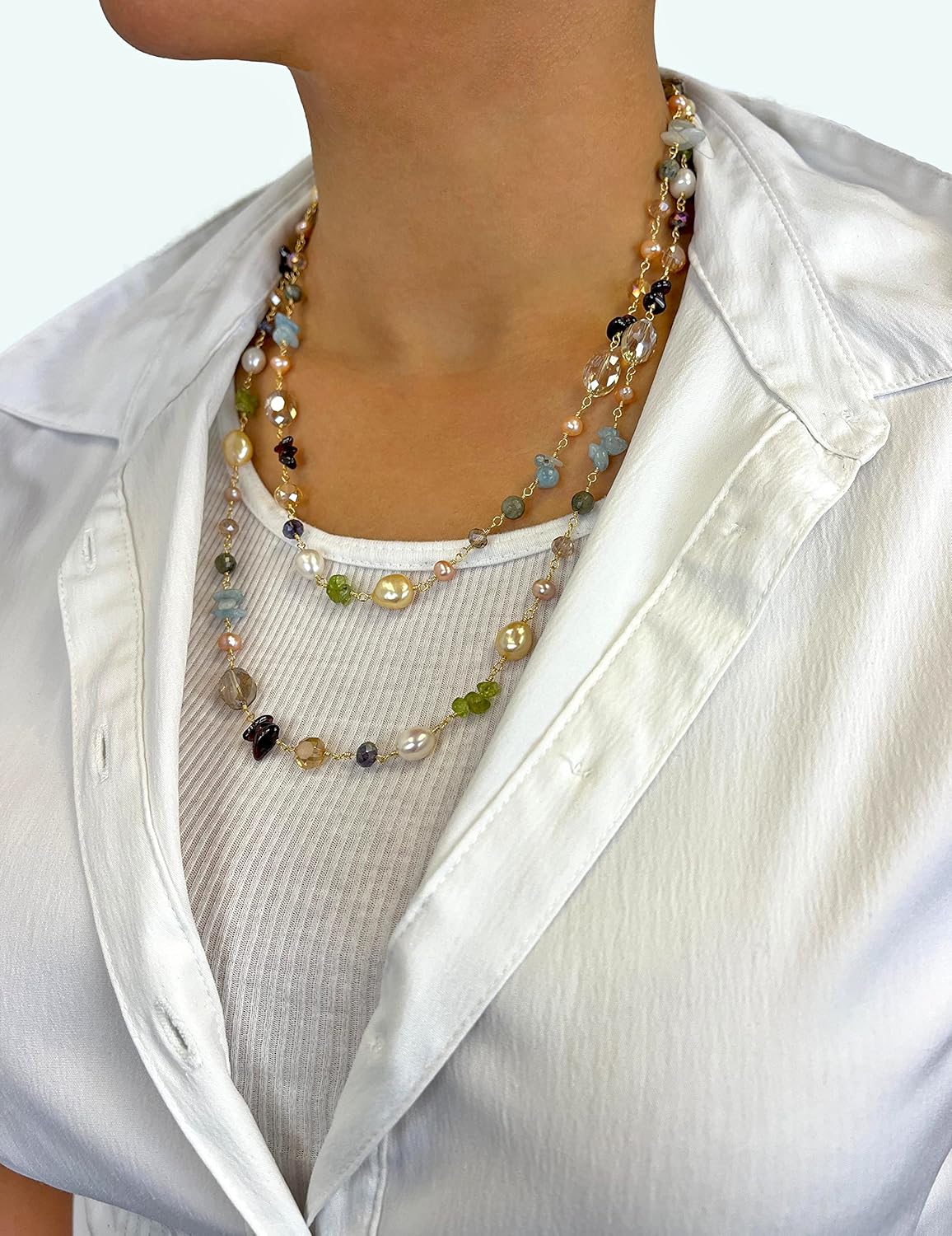 Hand Crafted Wire Wrapped Multi-Shape Multi-Color Gemstone Cultured Freshwater Pearl Wire Beaded Chain Station Necklace, About 45” Long.