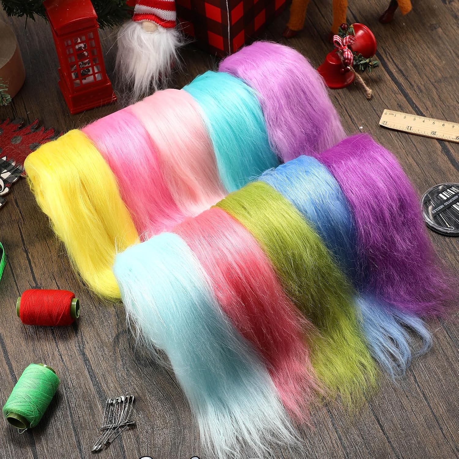 XunYee 10 Pcs Faux Fur Fabric for Crafts Fuzzy Fabric Trim Fluffy Pre Cut Ribbons for Halloween Costumes Therian Mask Christmas Gnomes Beards Sewing Decoration(Brilliant Colors,2"x40")