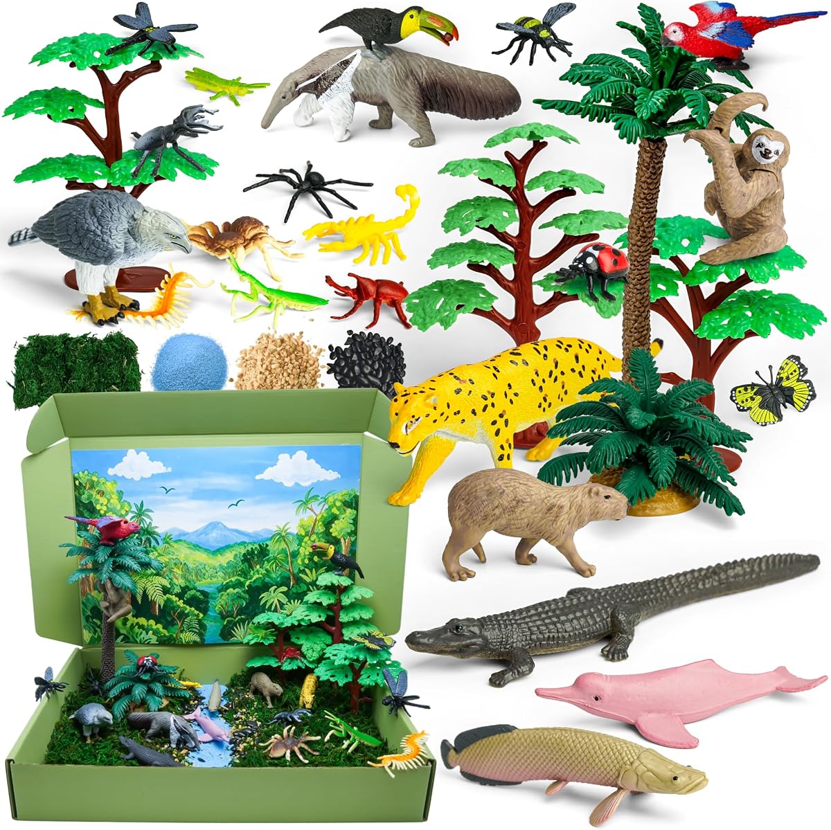 33PCS Rainforest Animals Figures Toys Set, Diorama Project Supplies Include Tropical Jungle Figurines Trees Moss Sand Stones Display Box for Kids Science School DIY