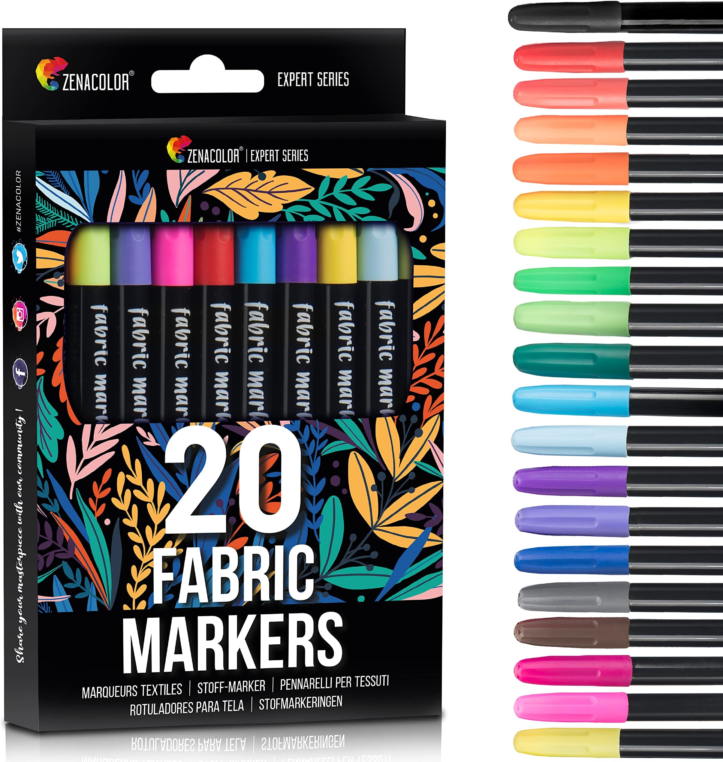 Zenacolor 20 Fabric Markers Pens Set - Non Toxic Fabric Paint Fine Point Textile Marker Pen