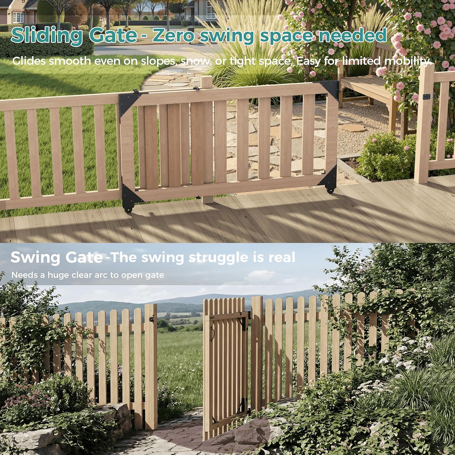 Sliding Gate Hardware Kit, Anti-Sag Rolling Wooden Gate Corner Brace Bracket with Wheel, Heavy Duty for Outdoor Deck Fence Porch Driveway Yard Outside Pool, Widely Fit 1-2" Thick Wood Frame