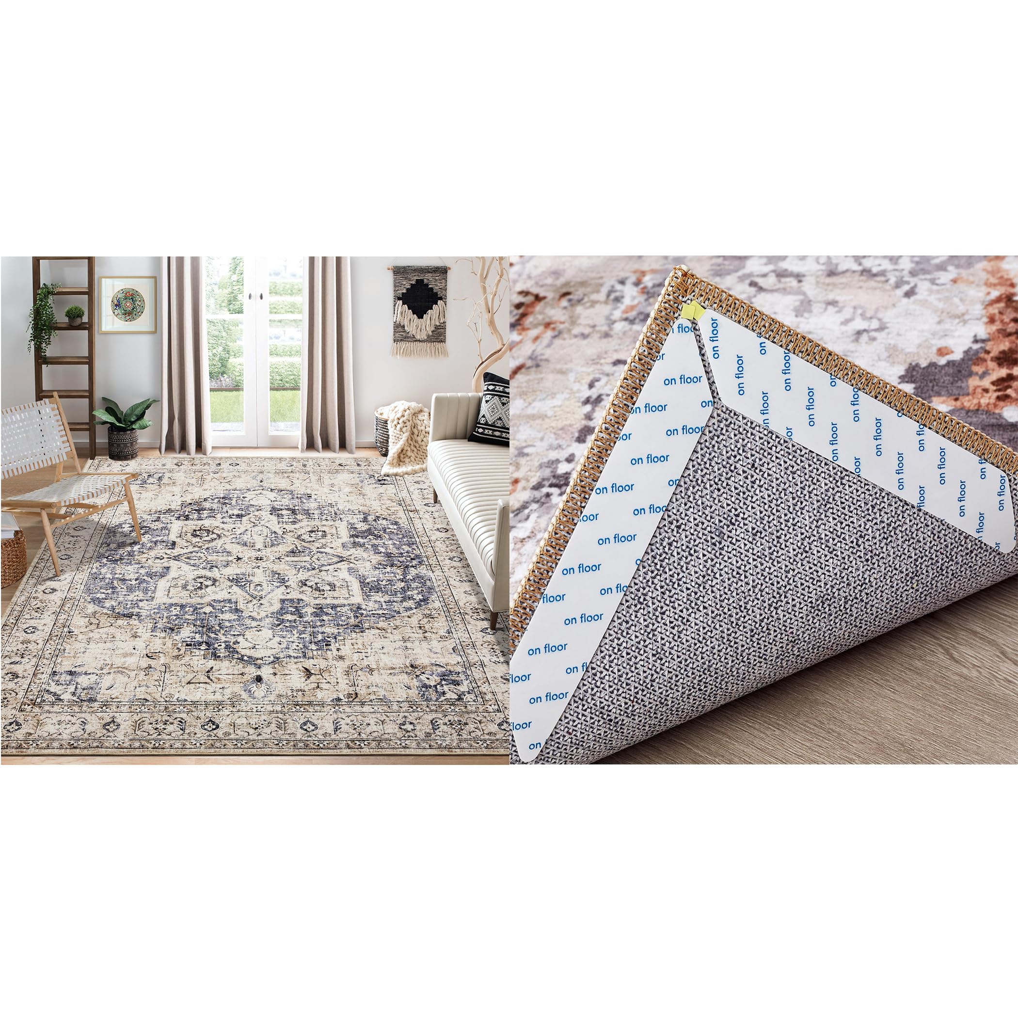 Tortania Boho Blue Living Room Rug 9x12 with 10 PCS Rug Tape Set for