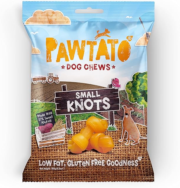 Pawtato Vegan dog chews Small Knots. Natural rawhide alternative dog treat. Low fat, plant based, hypoallergenic, sweet potato chews, 150g