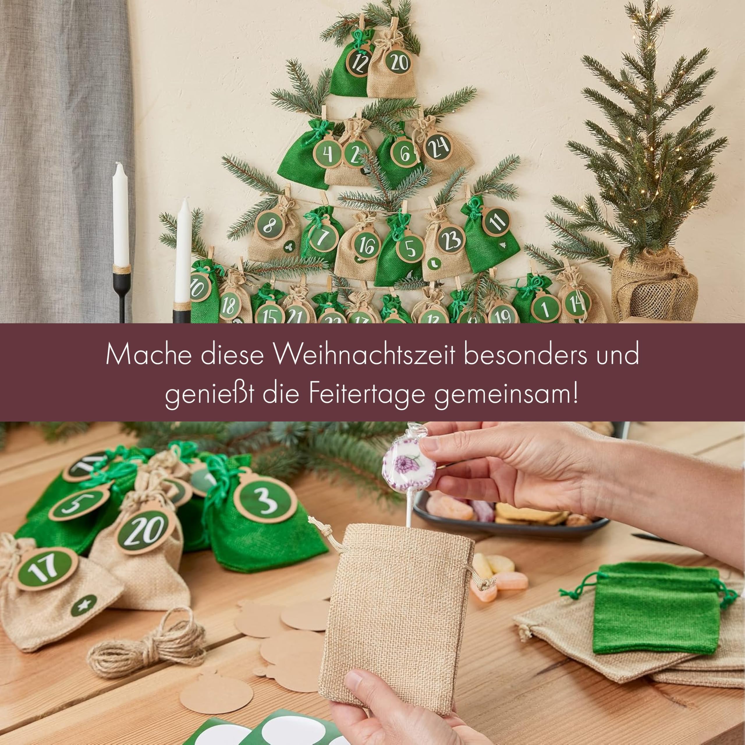 Votoko Adventskalender Zum Befüllen 2025 - 24 Stoffbeutel Mit Holzzahlen In 2 Größen
