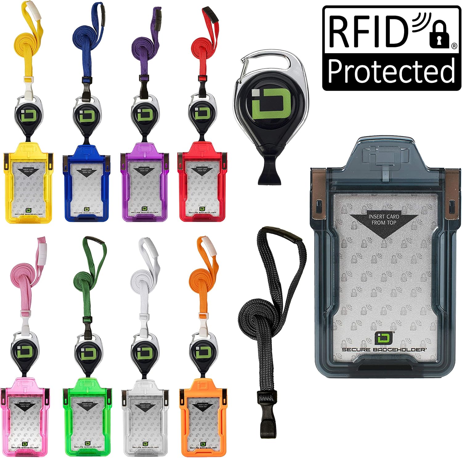 ID Stronghold Secure Badgeholder Classic 1 Card ID Badge Holder with Lanyard and Retractable Reel - RFID Blocking Badge Holder Made in The USA (Clear 5 Pack) (9, Multicolor)