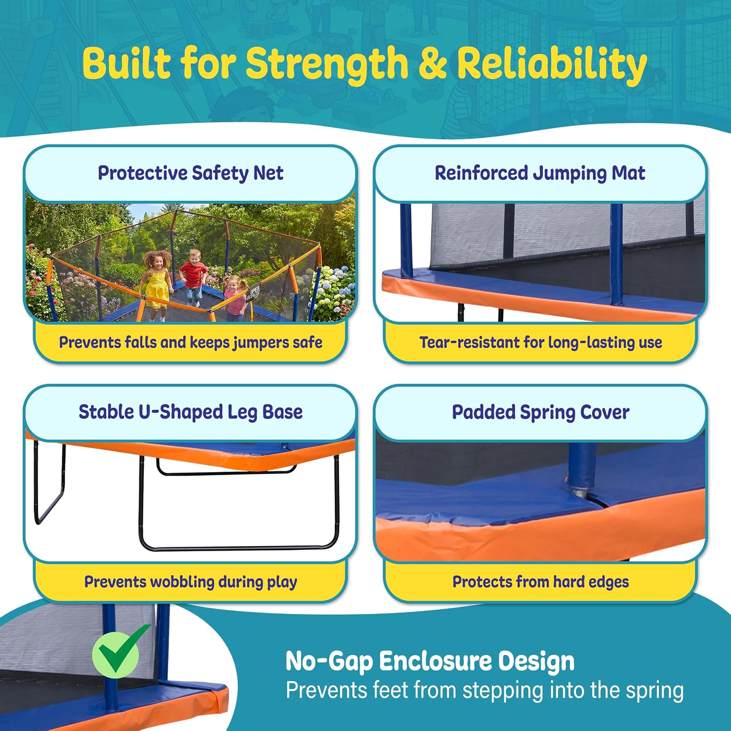 Upper Bounce Square Trampoline Outdoor Backyard with Enclosure Net, Recreational, Gymnastics Activity for Kids and Adults, High Weight Capacity 500 lbs