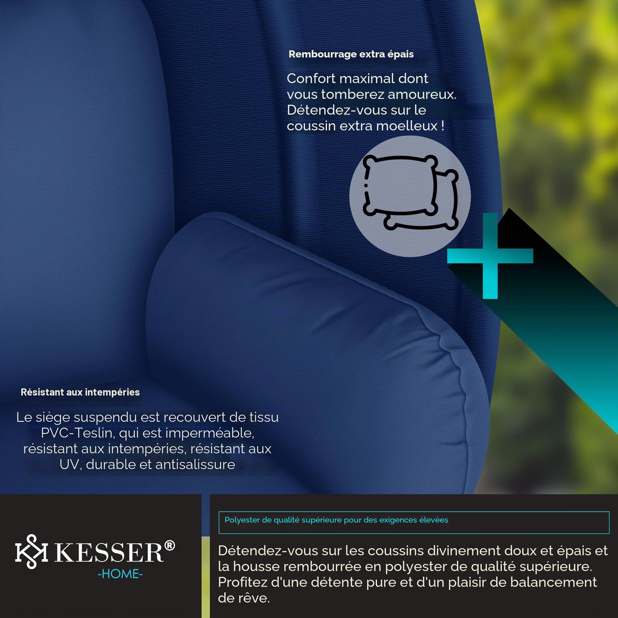 KESSER® Fauteuil Suspendu de Luxe avec Structure et Coussin d'assise Moelleux | Panier Suspendu intérieur et extérieur | Balançoire de Jardin | Panier Suspendu | Chaise Suspendue