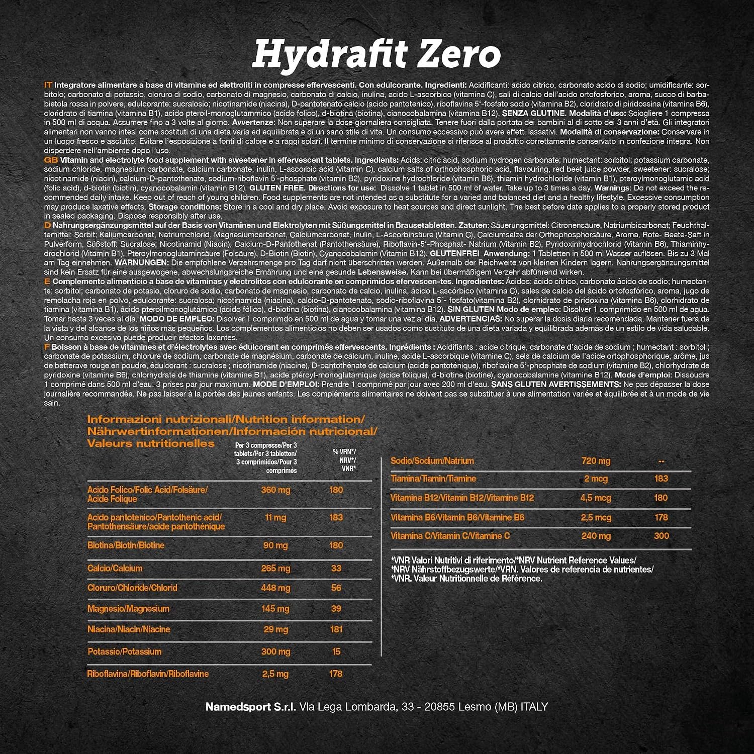 NAMED SPORT Hydrafit Zero 9 Paquetes de 20 tabletas | Magnesio Complex, Potasio, Electrolitos, Vitamina D3, Vitamina C y B | Sales Minerales para Deporte | Vitaminas Suplementos Alimenticios
