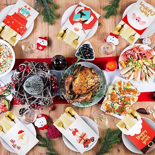 Miniatura 6 de 48 soportes para cubiertos de Papá Noel de Navidad, con bolsillos, soporte para cubiertos de Navidad, bolsas, cuchillos, tenedores, bolsa para