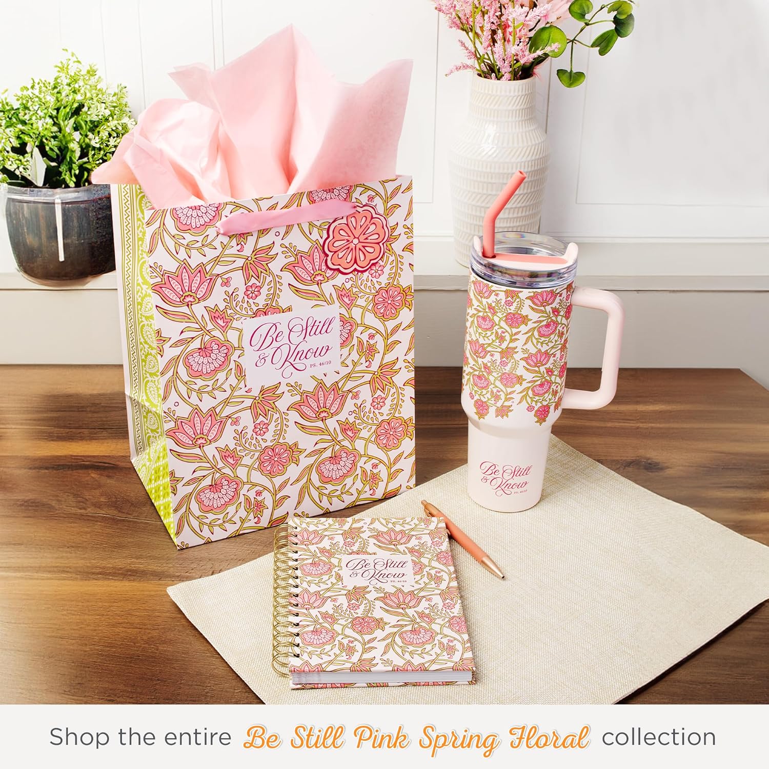 Christian Art Gifts Extra Large Stainless Steel Double Wall Vacuum Insulated Travel Tumbler for Women: Be Still Inspirational Scripture, Lid, Reusable Straw, Wide Handle, White & Pink Floral, 40 oz. - Image 8