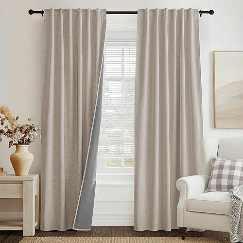 PONY DANCE Cortinas opacas de lino para dormitorio, cortinas 100% opacas de 84 pulgadas de largo, 2 paneles con aislamiento térmico, cortinas de