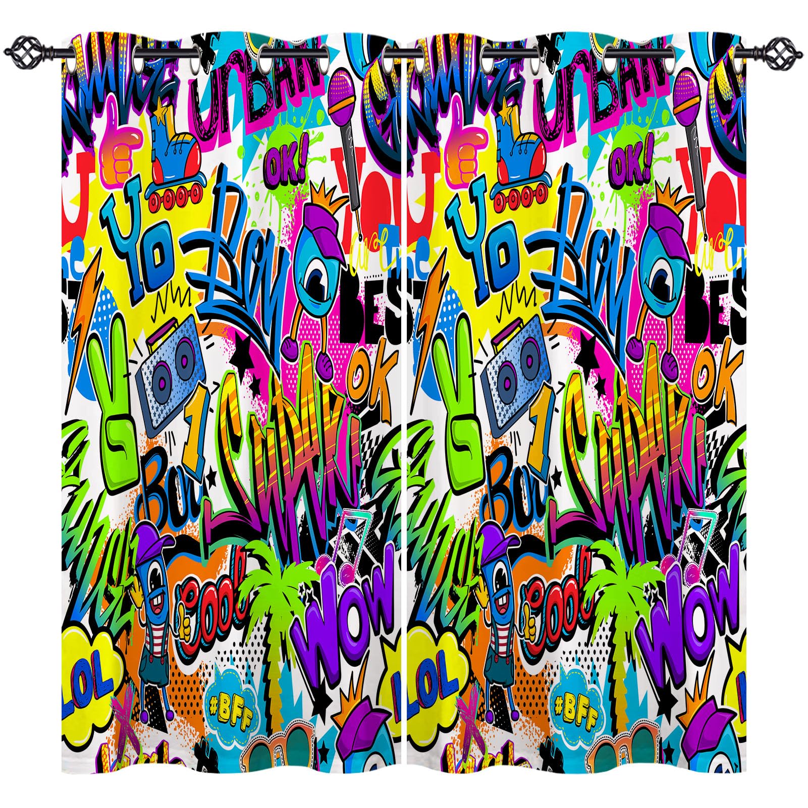 ANHOPE Graffiti Curtains Eyelet Blackout Thermal Insulated Curtains Abstract Urban Comic Doodle Print Pattern Soft Soundproof Privacy Window Drapes for Kids Bedroom Living Room 46 x 63 Inch 2 Panels — image 1