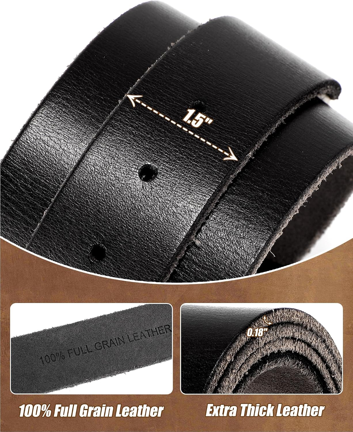 1.5" Full Grain Leather Belt Strap for Men Women Without Buckle
