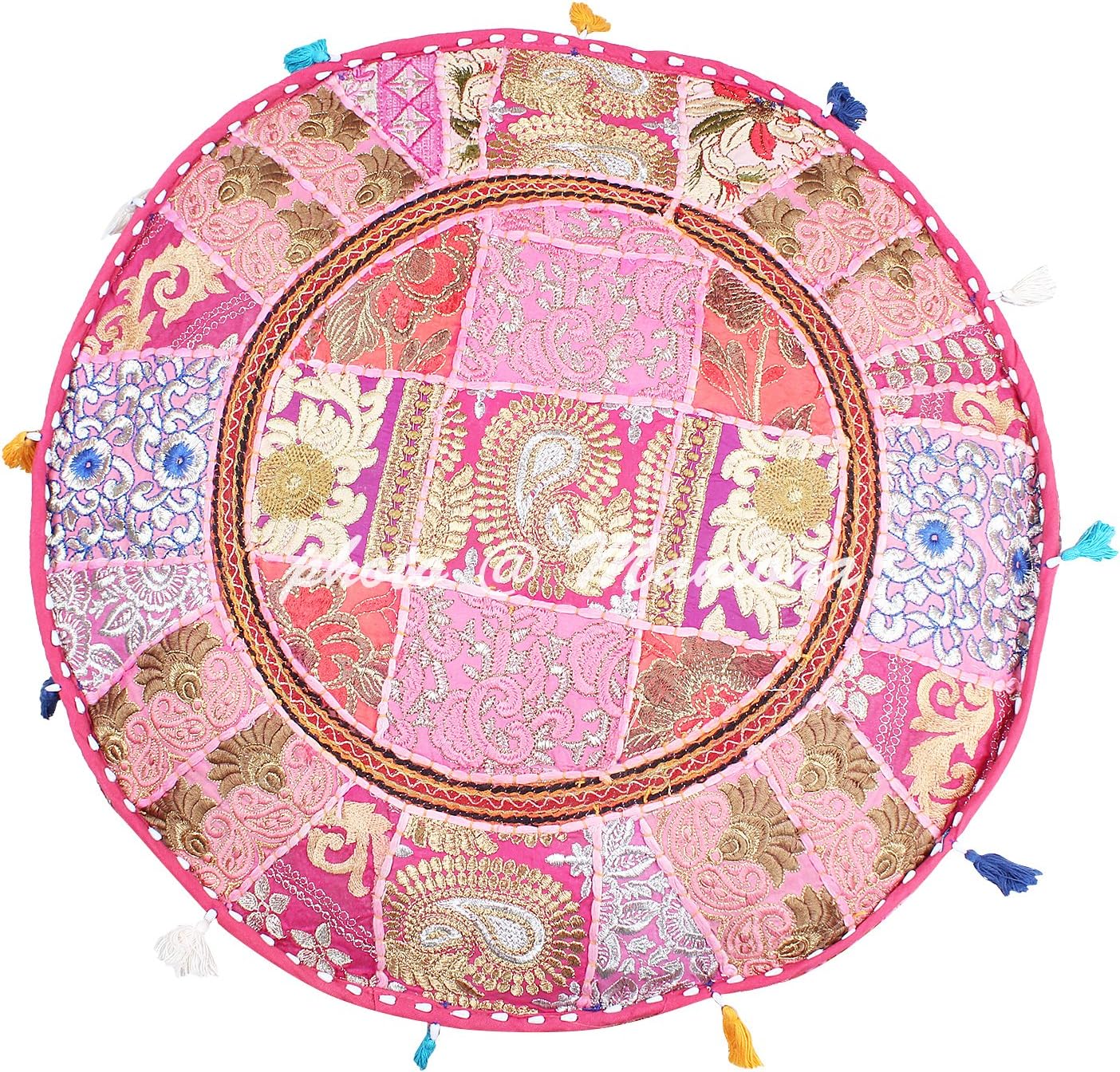 Maniona 22" Pink Indian Traditional Embroidered Decorative Patchwork Ottoman Pouf Cover Ethnic Design Comfortable Floor Cotton Cushion Patchwork Pouf Cover