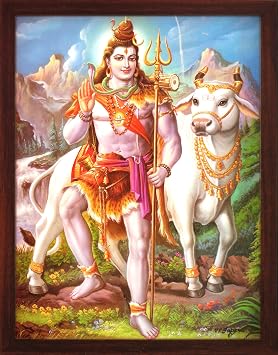 Handicraft Store Shiva with his Cow Nandi and His Weapon Trishul in Himalaya, A Poster Painting with Frame for Hindu Religious Worship Purpose
