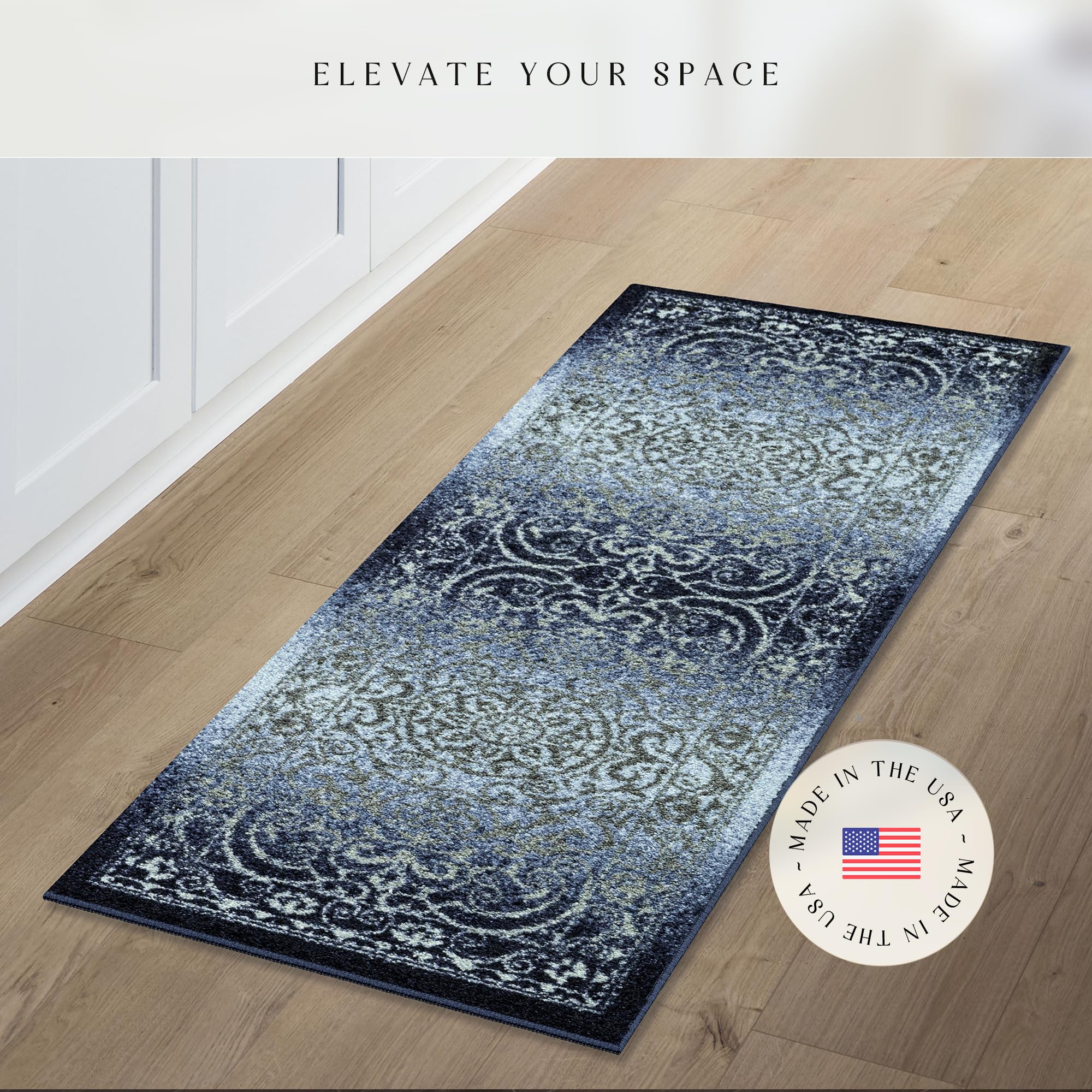 Maples Rugs Pelham Vintage Medallion Area Rugs - Made in USA - Low Pile, Non Slip, Pet-Friendly Mat for Bedroom, Office, Living & Dining Room, 5' x 7', Wineberry: Navy/Grey 1'8" x 5' (Oblong)