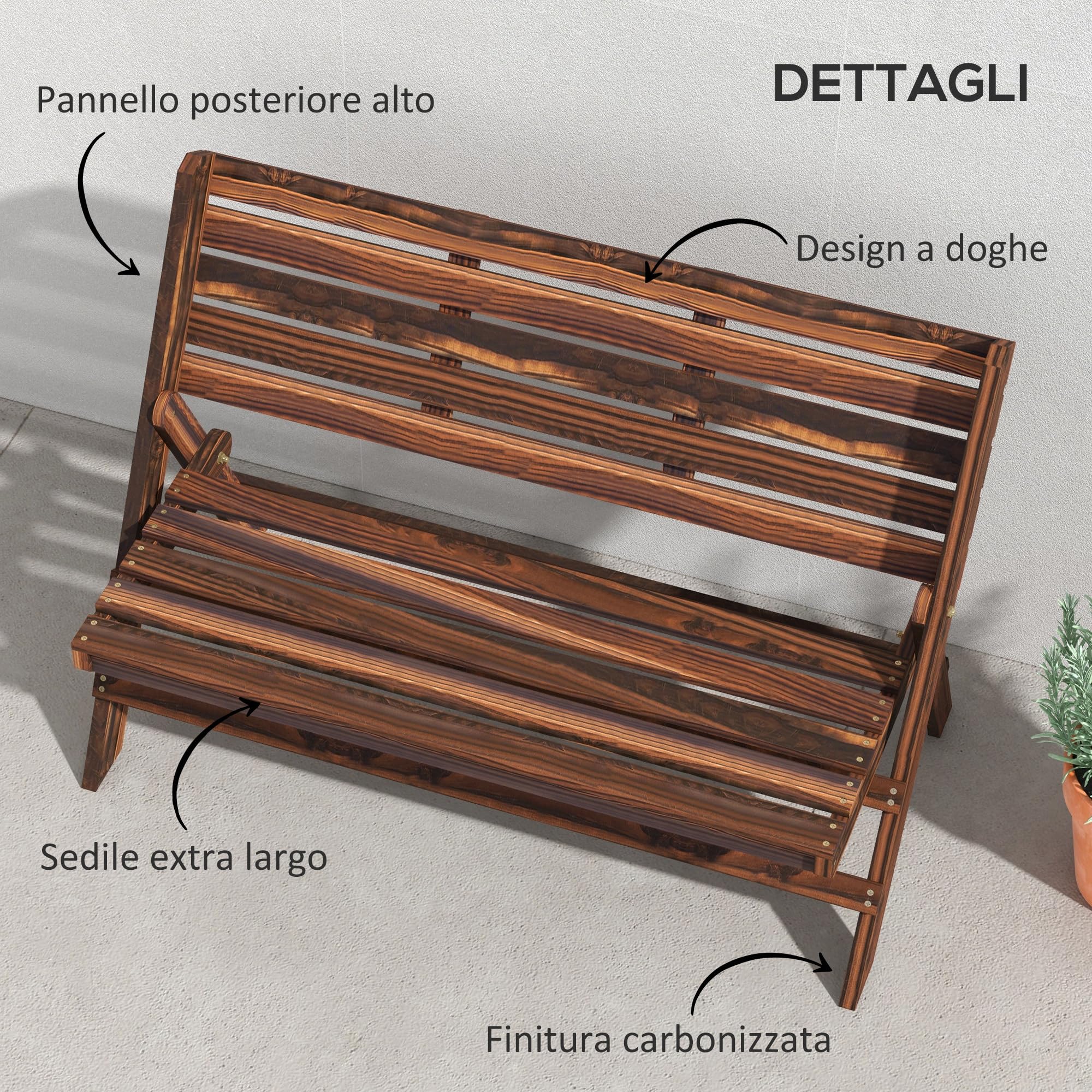 Outsunny Panchina da Giardino da 2 Posti Pieghevole, Panchina da Esterno a Doghe in Legno di Pino, Panca per Terrazza Patio e Cortile, 122x63x83 cm, Carbonizzato