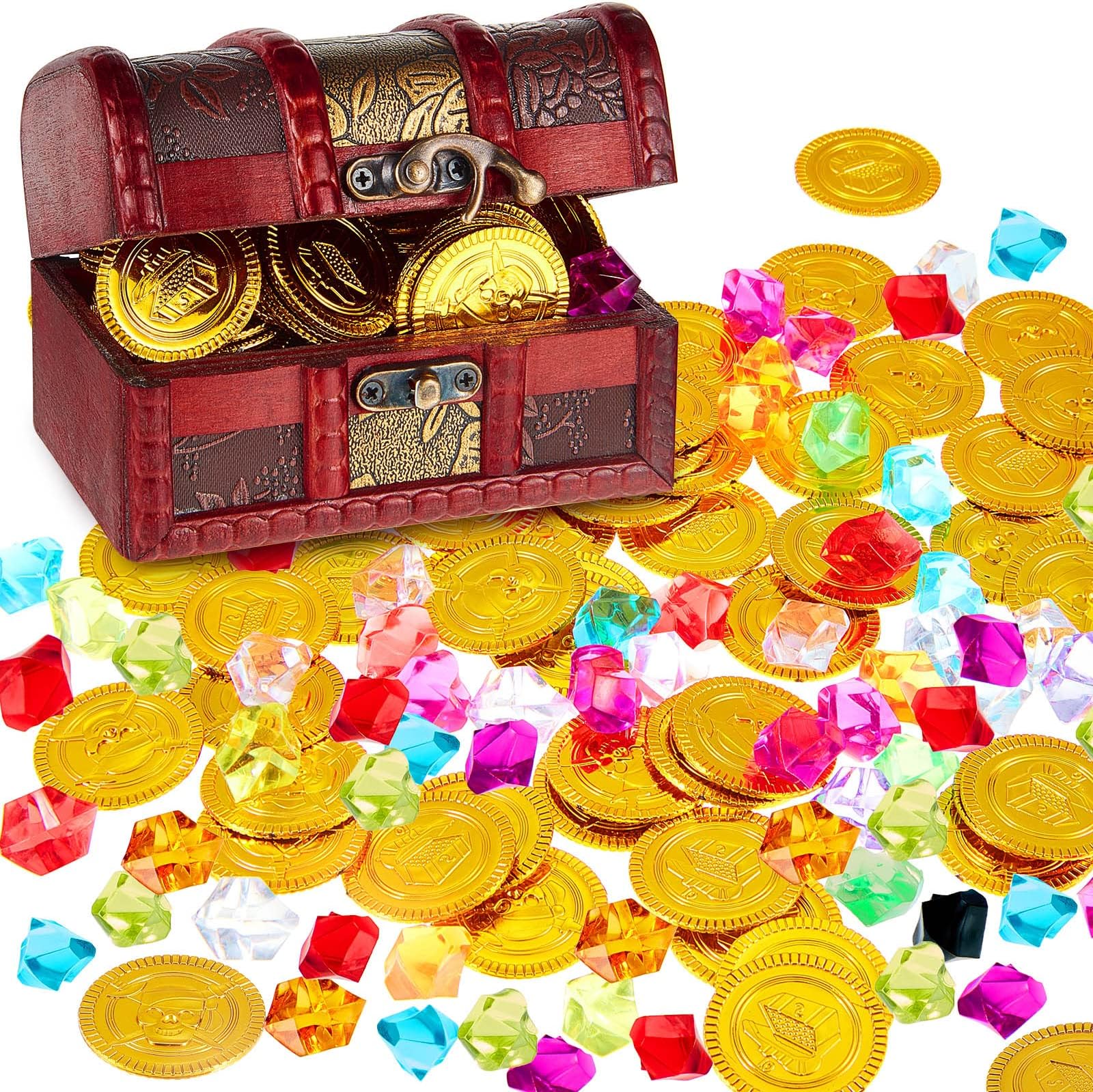 Hestya Pirate Treasure Chest Toy with 50 Gold Coins and 50 Fake Gems, Treasure Box Pirate Gems Toys Antique with Lock Fake Gemstones for Christmas Halloween Party Favors Hunt Game