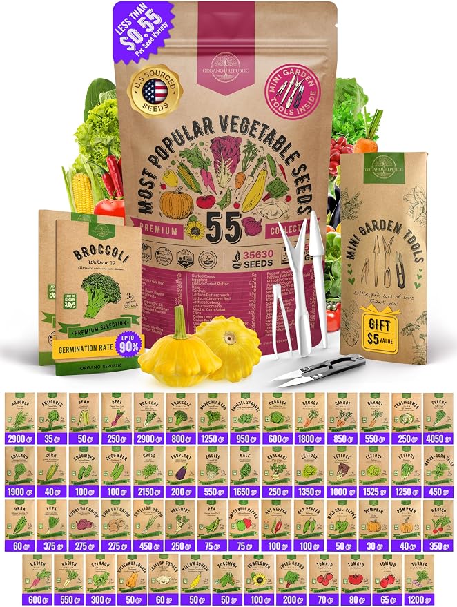 55 Vegetable Seeds Variety Pack - 35,600+ Non-GMO Heirloom Seeds for Planting Vegetables and Fruits in Individual Seed Packets, Home Garden Seeds for Hydroponic, Indoor and Outdoors Gardening