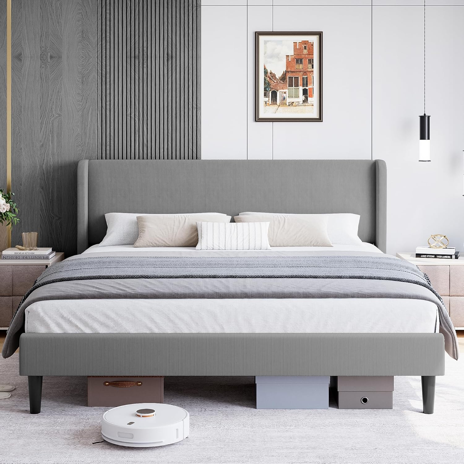 Full Bed Frame, Platform Bed Frame with Upholstered Wingback Headboard, Heavy-Duty Frame Support, Noise-Free, Easy Assembly, No Box Spring Needed, Light Gray