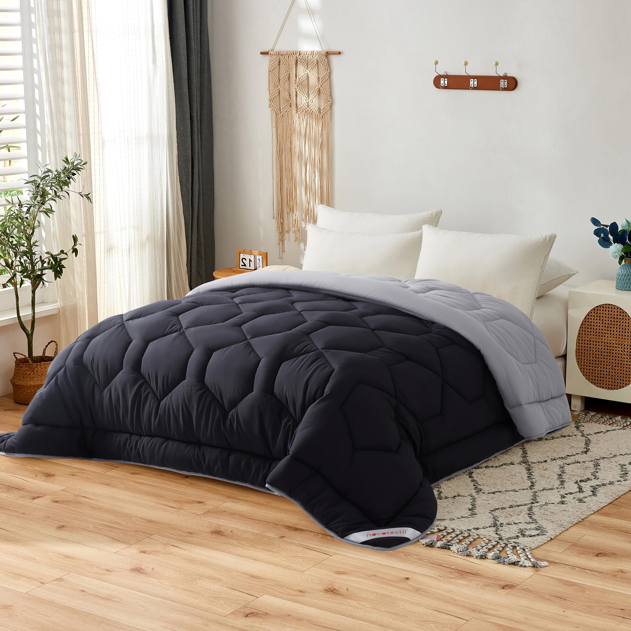 NOVOTEXTIL Edredón Cama 135 (230x260), Relleno Nórdico de Fibra 350 g/m² - Edredón Nórdico Bicolor Invierno Suave, Ligero, Reversible y Transpirable (Negro/Gris)