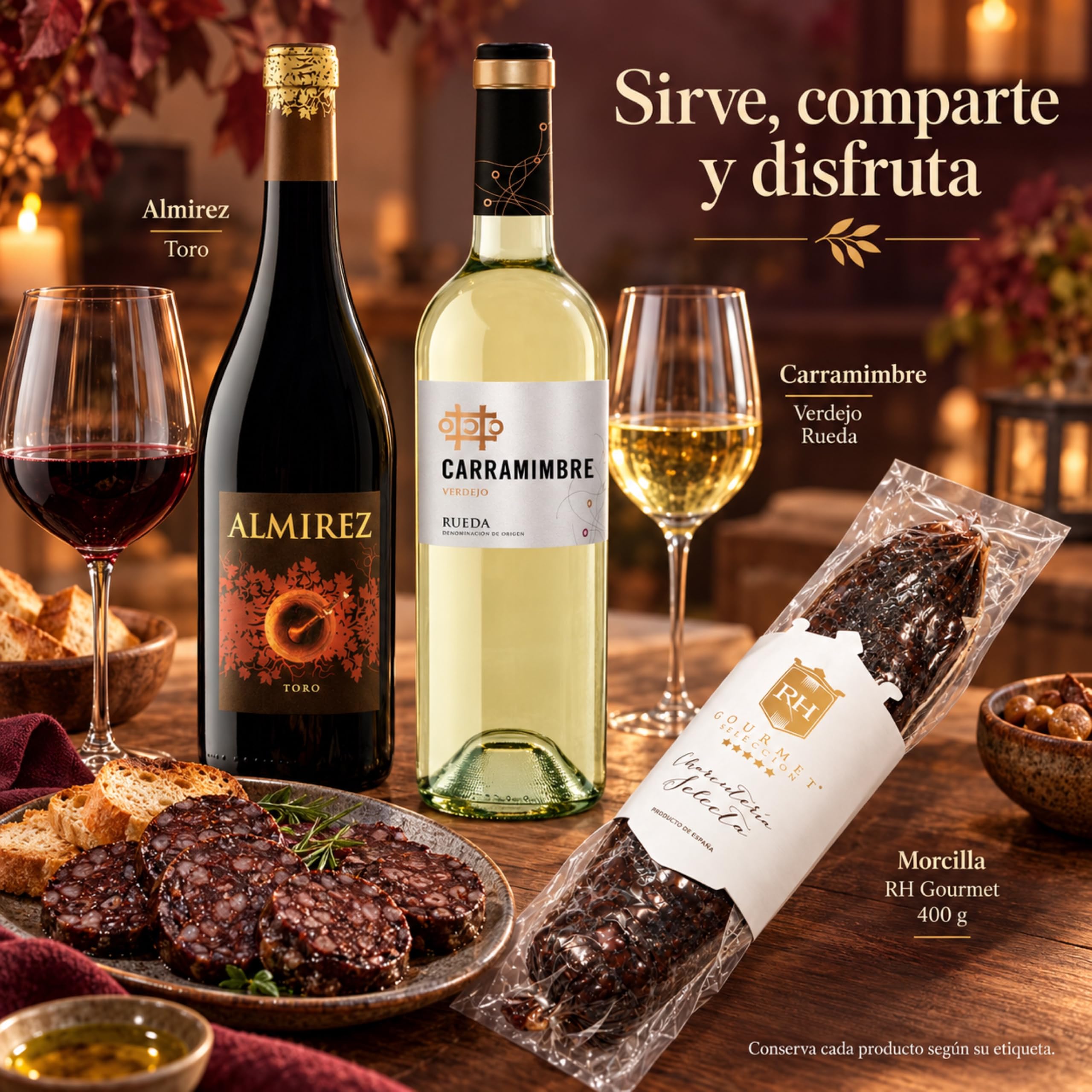 Cesta gourmet Navidad Almirez y Carramimbre Verdejo con morcilla ibérica gourmet 400 g RH Gourmet, pack de 2 botellas 75 cl