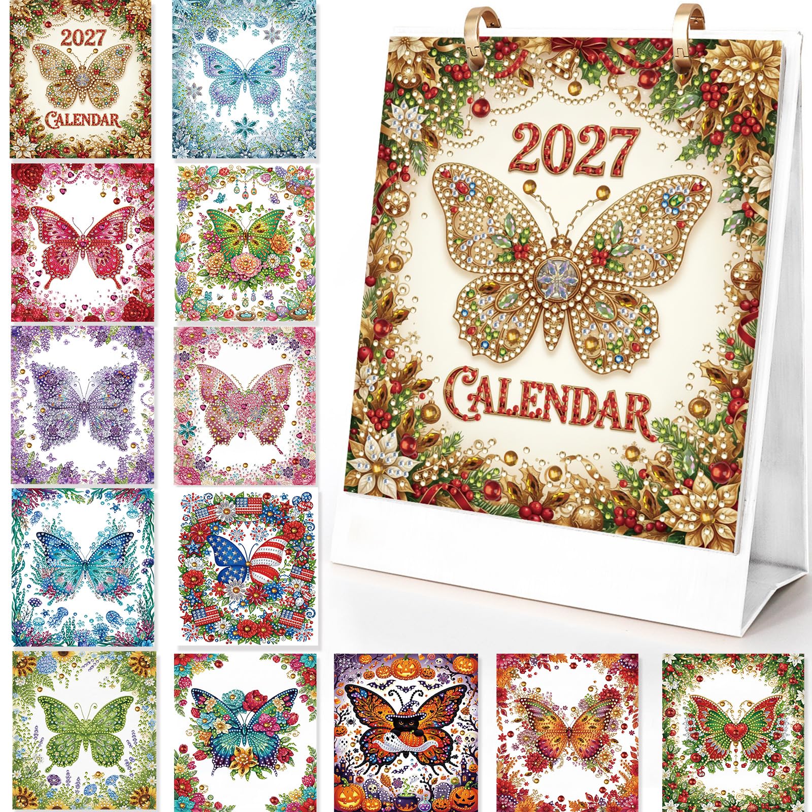 DIY Diamond Art Painting 2027 Desk Calendar, 5D Diamond Art Flower Flip Tabletop Calendar for Office Home Decoration-03-Butterfly — image 1