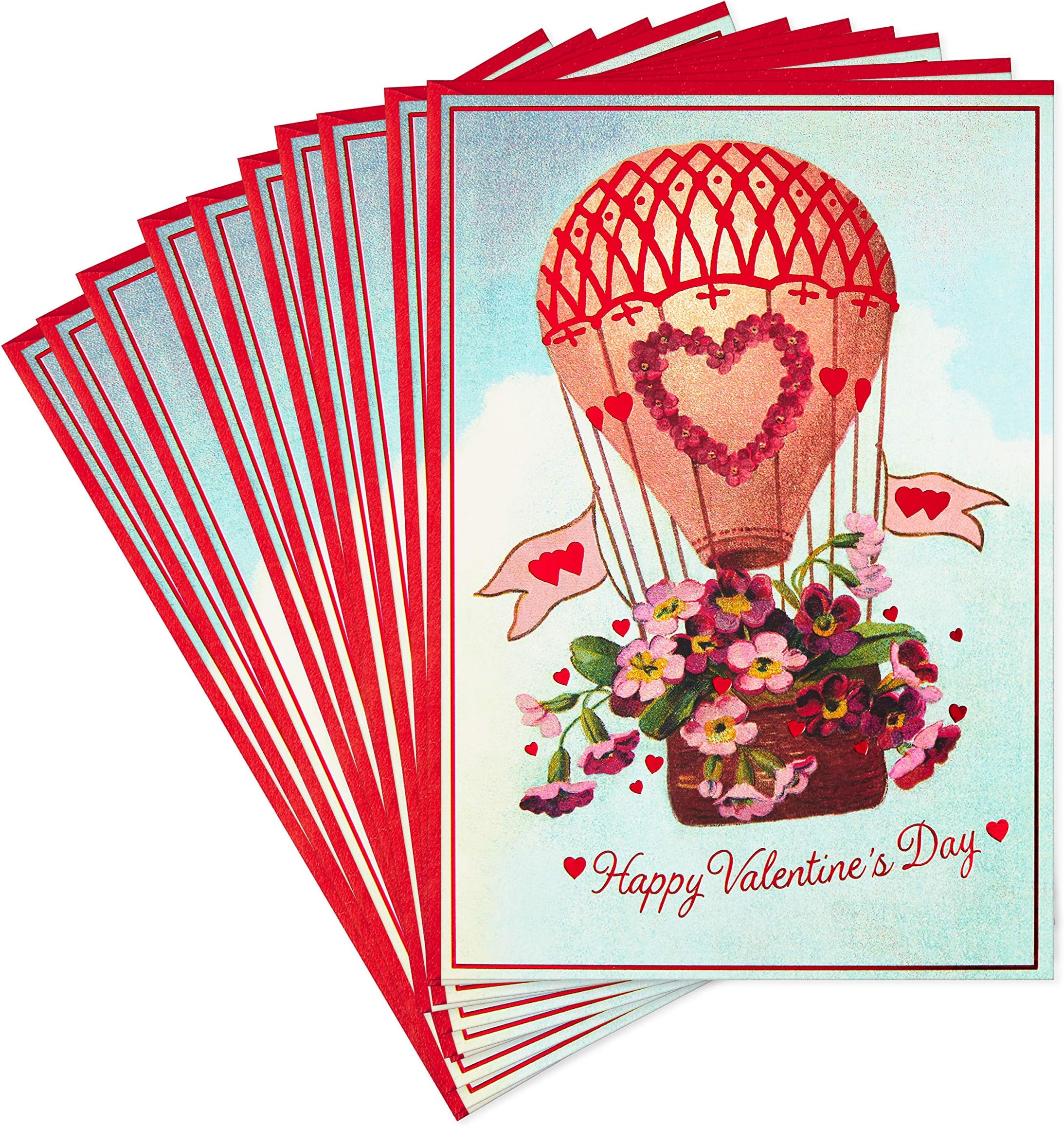 Hallmark Pack of Valentines Day Cards, Vintage Hot Air Balloon (10 Valentine's Day Cards with Envelopes)
