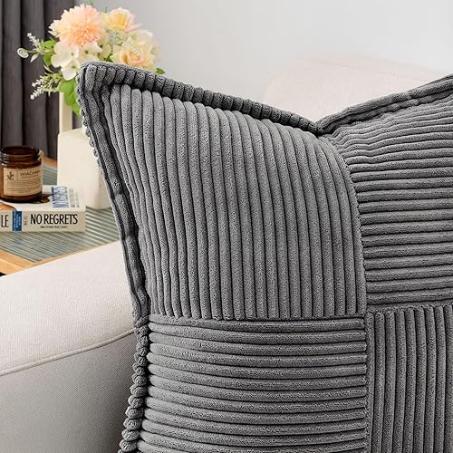 Miniatura 2 de HAUSSY Juego de 2 fundas de almohada de 18 x 18 pulgadas, pana suave y sólida a rayas  borde ancho, fundas cuadradas decorativas para cojín,