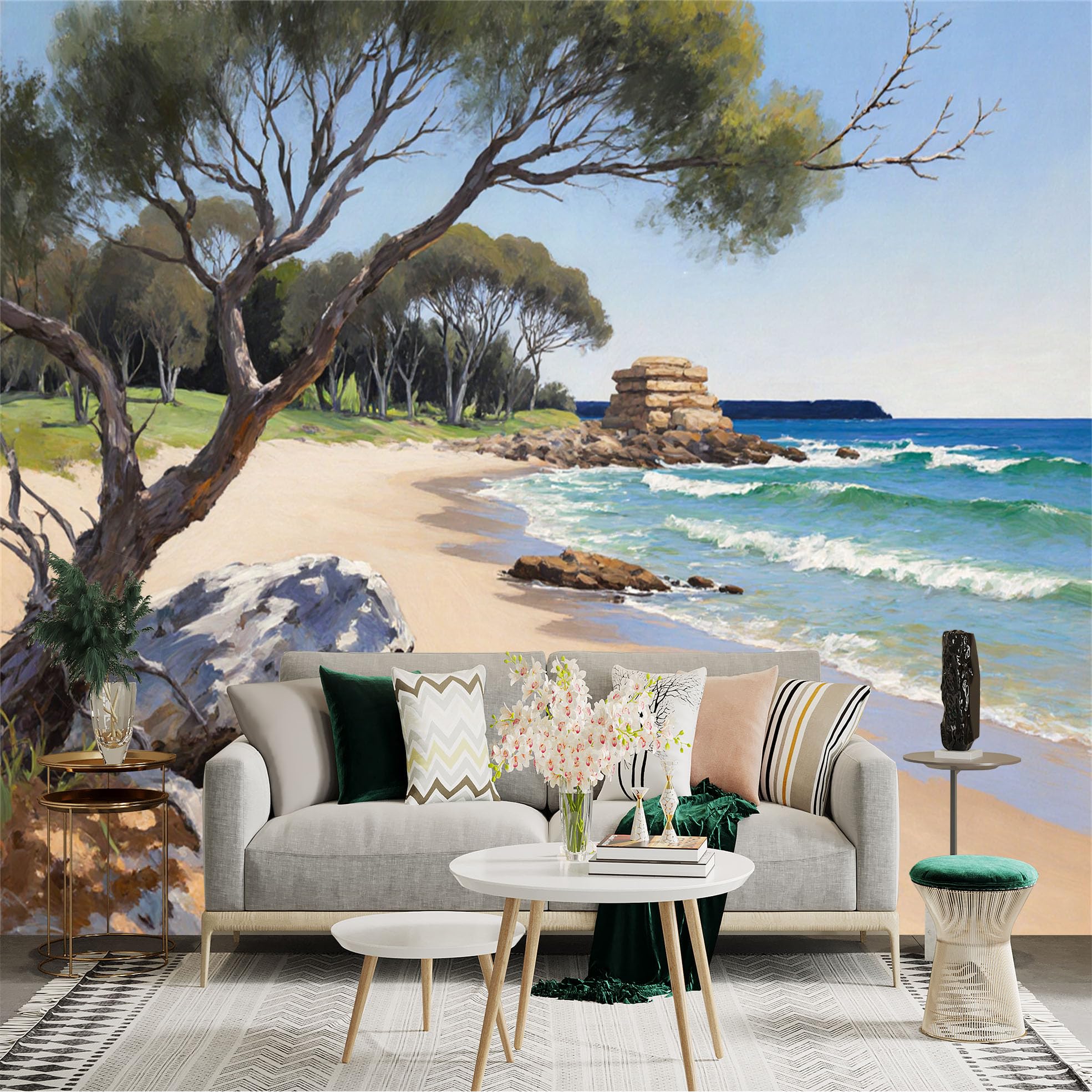 Custom Size Wall Sticker Mural， Coastal Beach with Waves， Trees and Rocky Shoreline， for wall Decoration， peelandstick wall Decals.