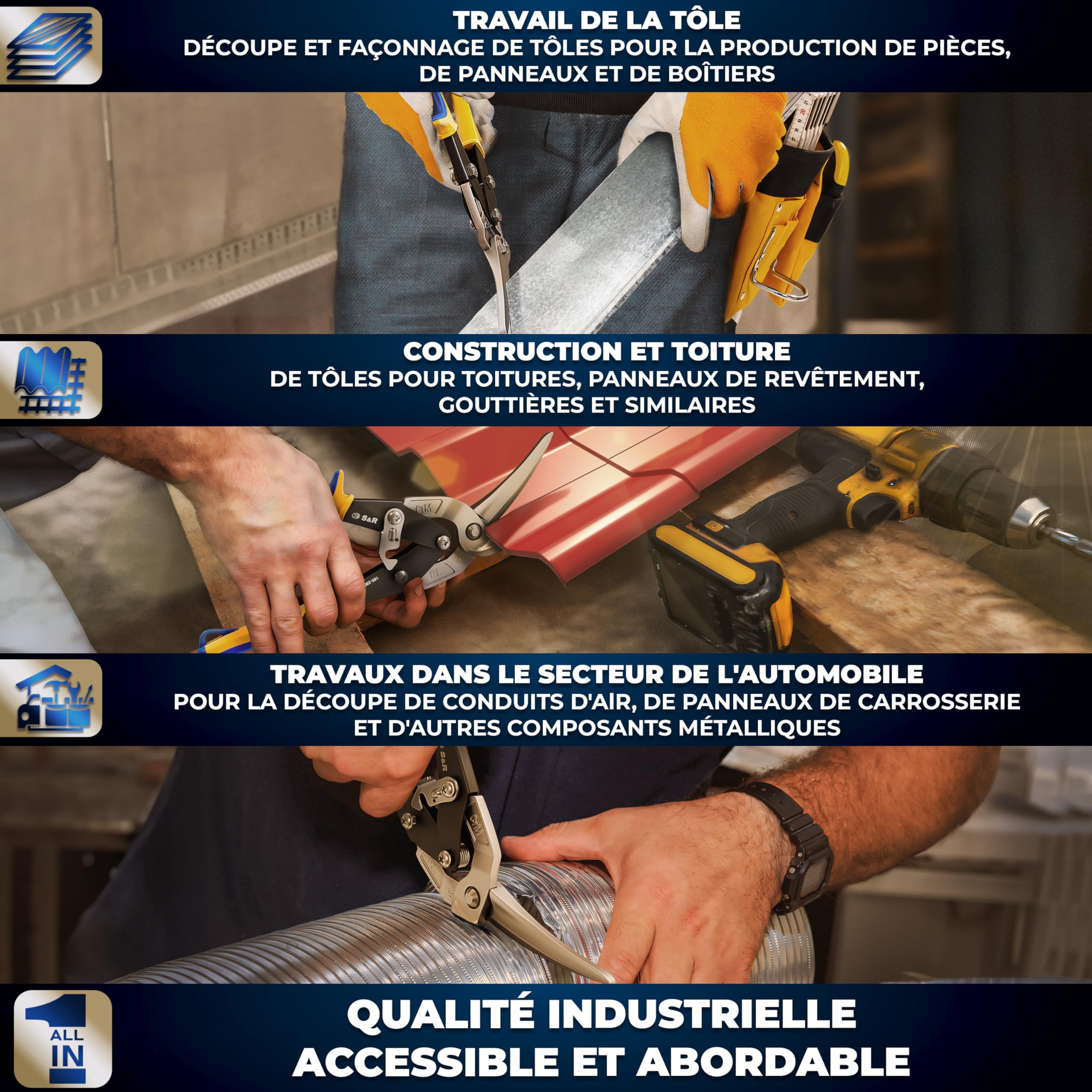 S&R Cisaille à Tôle Cisaille Plaquiste Rail Placo Couvreur Aviation Professionnelle 280 mm – Coupe à Droite – Lames Longues Dentelées CrMo pour Acier, Inox, Aluminium et Métaux Colorés