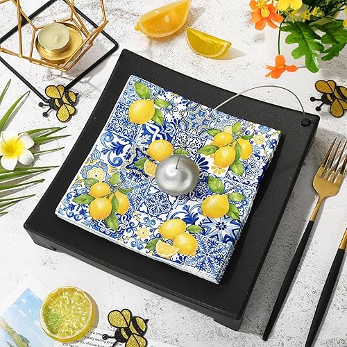 Miniatura 3 de JarThenaAMCS 80 servilletas de papel con azulejos y limones, servilletas desechables azules y amarillas, servilletas decorativas para cena,
